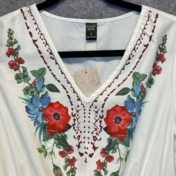 NWT Emery Rose Dress Women's Small White Floral Boho Short Sleeve A-Line V-Neck - Picture 14 of 16